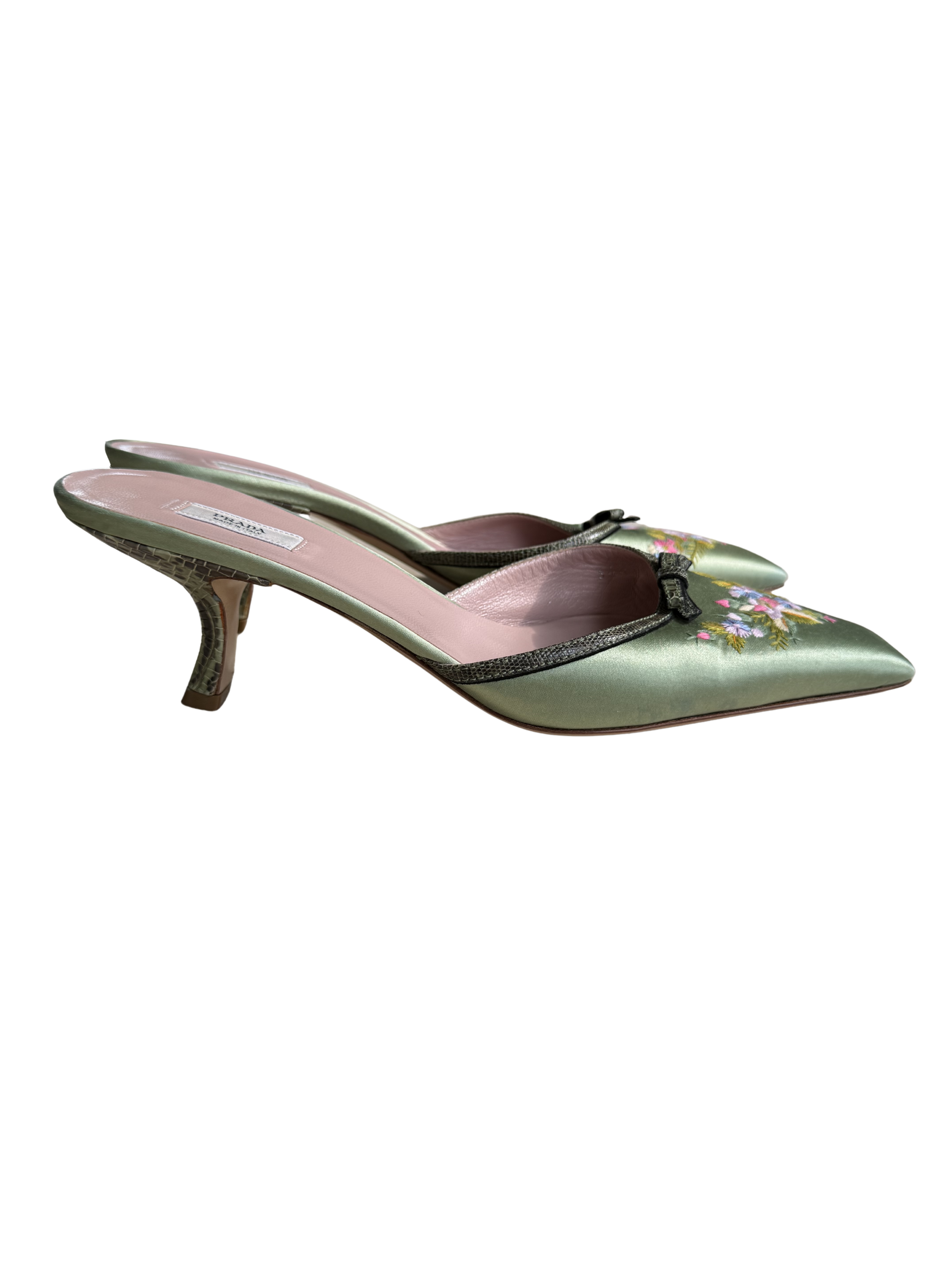 Prada Satin Embroidered Kitten Heels